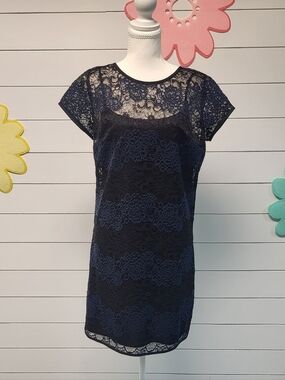 LOFT Navy and Black Slip-dress and Lace Overlay Sz. 6